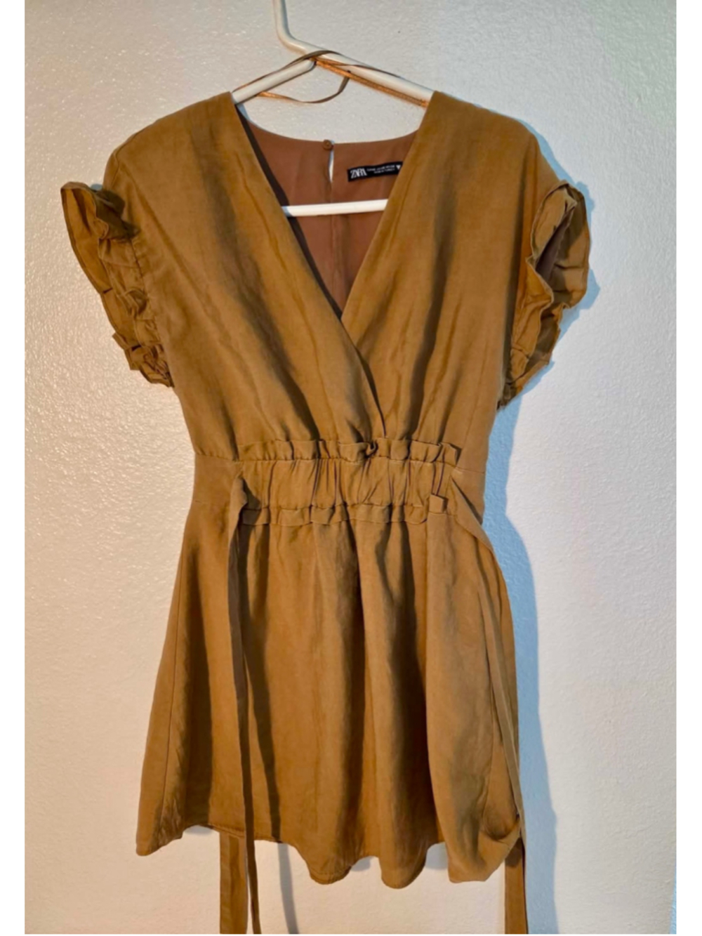Zara Ruffle Cap Sleeve Deep V Tie Waist Keyhole Back Mini Dress Camel Brown XS W